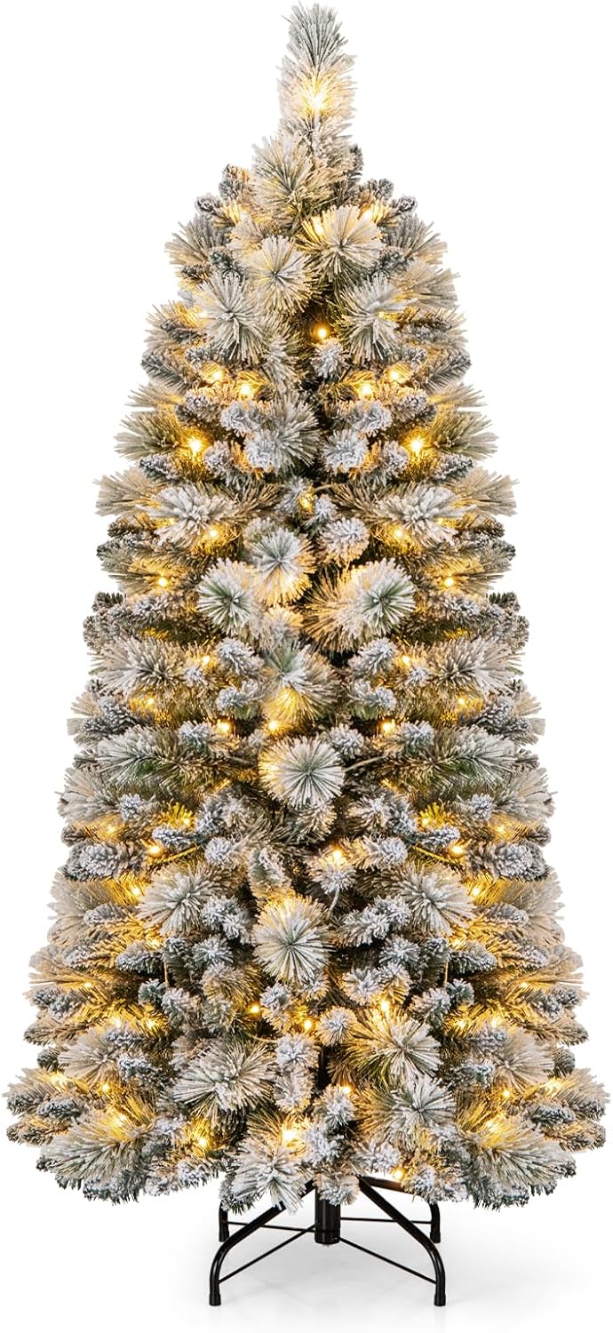 Choinka Bożonarodzeniowa 150 cm, Sztuczna, z Podświetleniem, Konstrukcja Sekcyjna, Pokryta Sztucznym Śniegiem, 378 Gałęzi, 140 Lampek LED