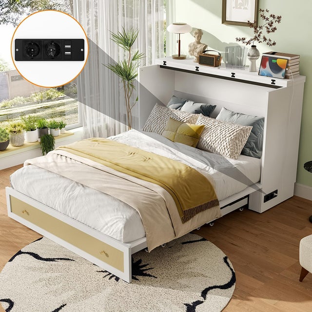 Lit escamotable 140x200 avec tiroirs au pied du lit et étagère à la tête du lit avec USB et prise électrique blanc