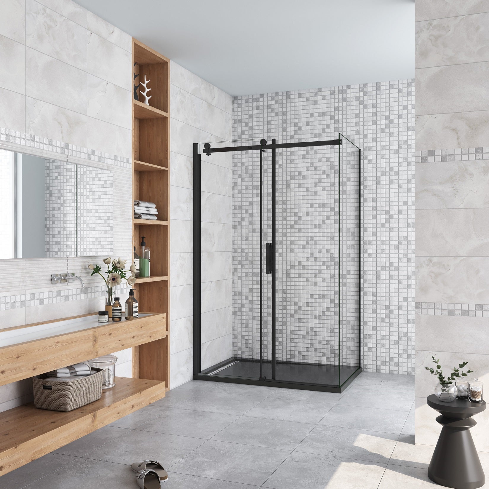 AICA cabine de douche coulissante 120x80x200cm porte de douche + paroi latérale Hauteur 200cm En 8mm verre anticalcaire profilé noir mat - 3