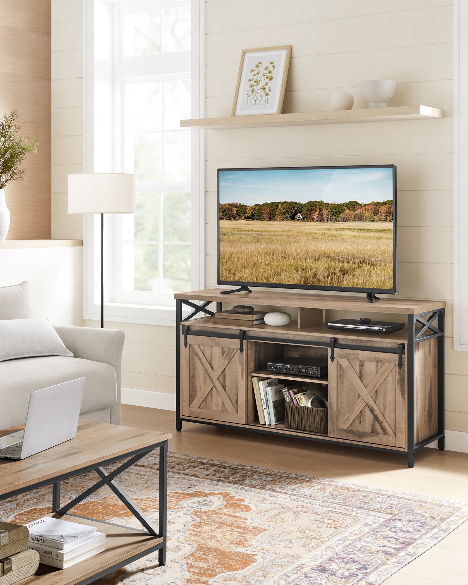 Meuble TV, avec Étagères Réglables, Portes Imitation Grange, Style Rustique, Cadre en Métal, Marron Camel et Noir Simple - 2