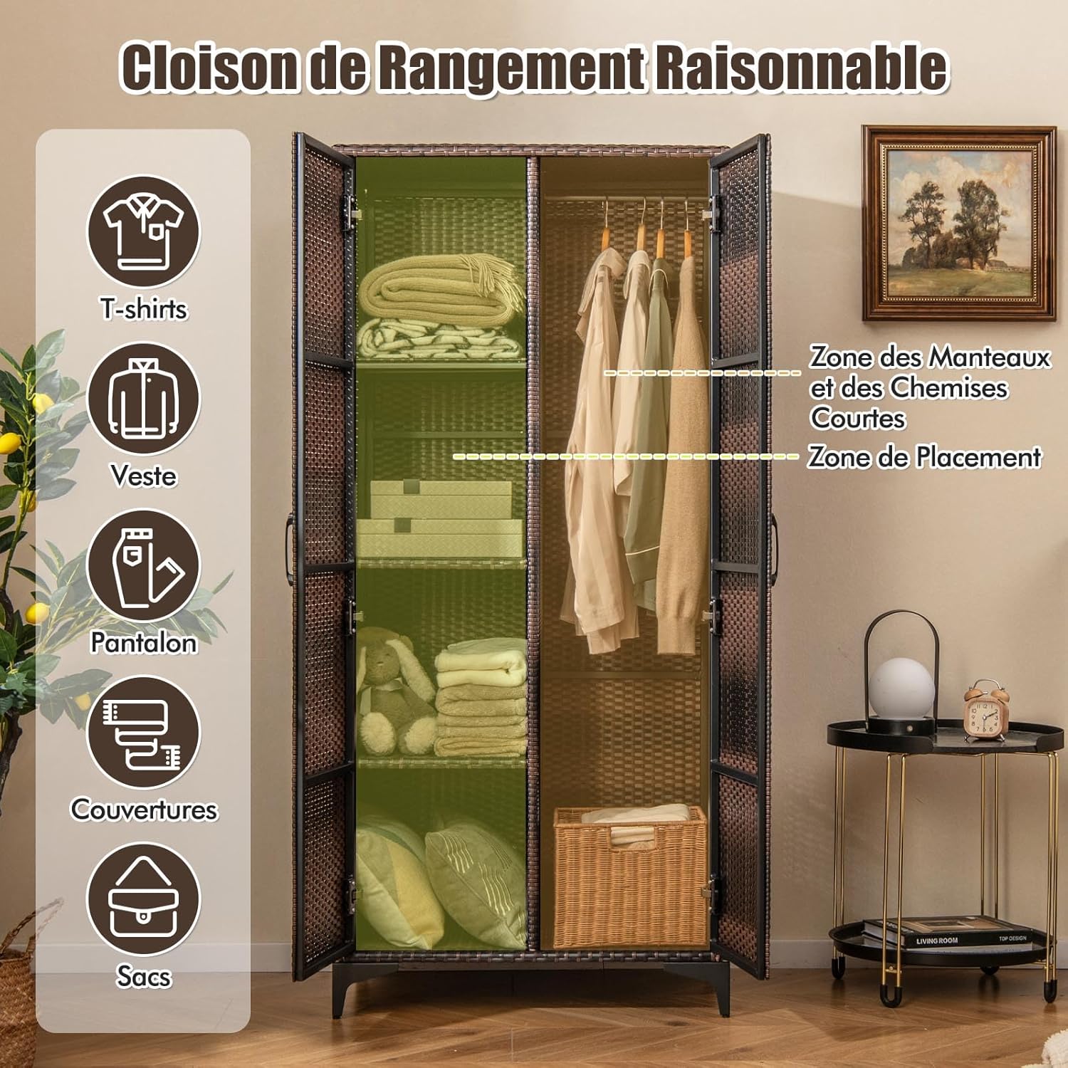Armoire de Rangement, Armoire Intérieure en Osier PE, 4 Compartiments, Armoire Tringle Penderie, Armoire Extérieure,72 x 50 x 157 cm (Marron) - 3