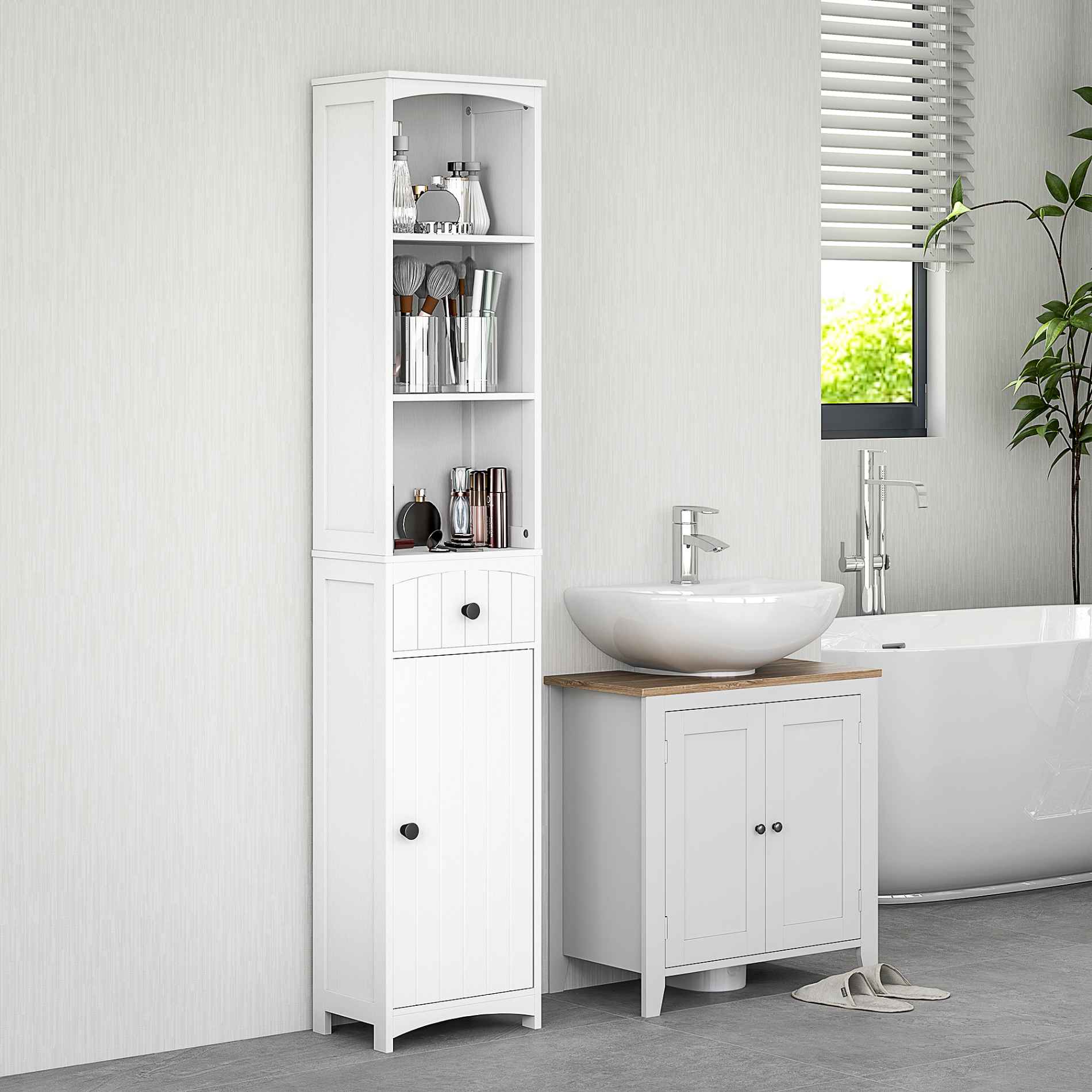 Wysoka szafka łazienkowa z 3 półkami i 1 szufladą, praktyczna przestrzeń do przechowywania, wykonana z płyty MDF, elegancki biały design