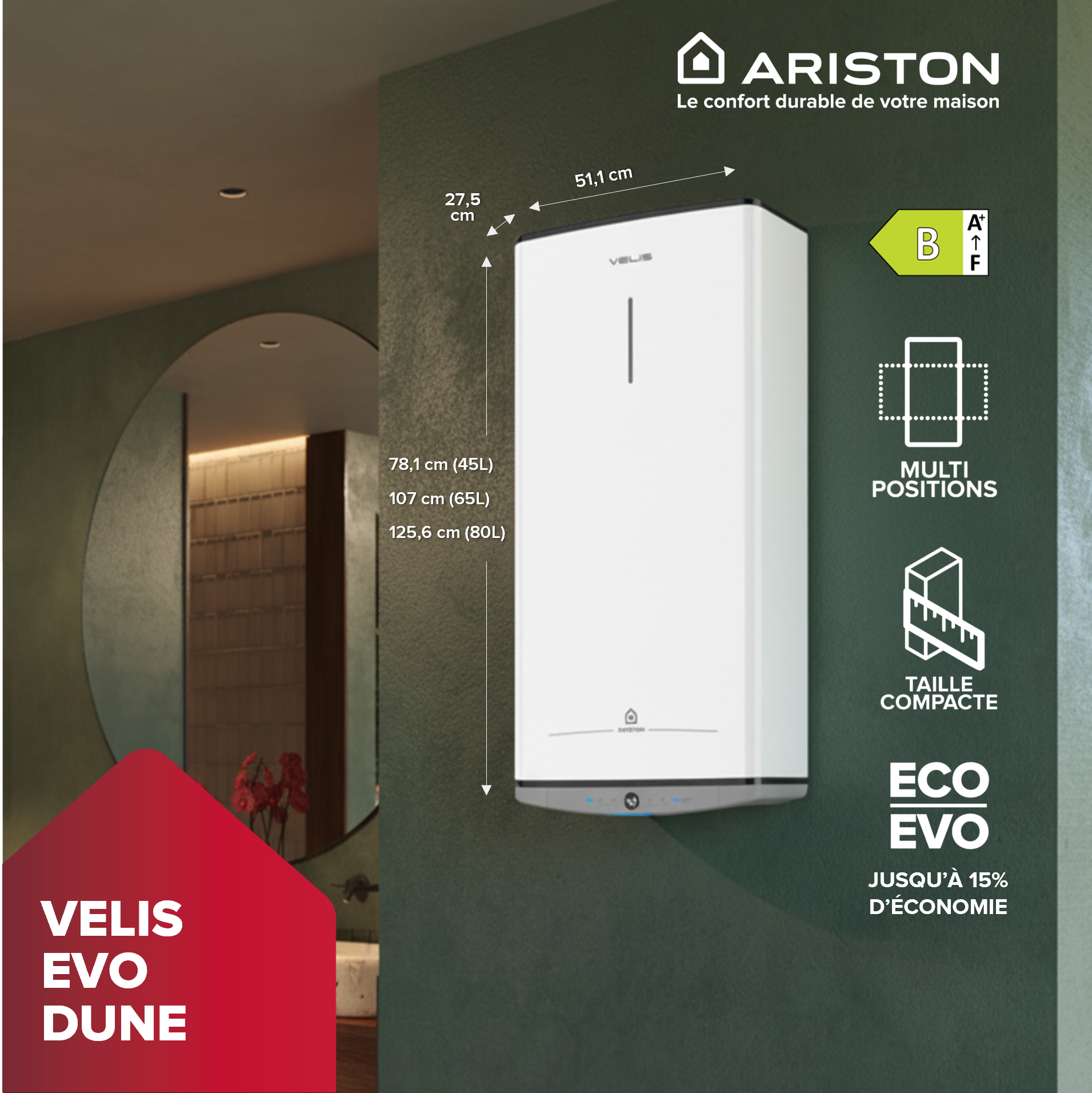 Chauffe-eau électrique Plat Multiposition Intelligent ARISTON Velis Dune 80L - Kit d'installation Inclus - 3