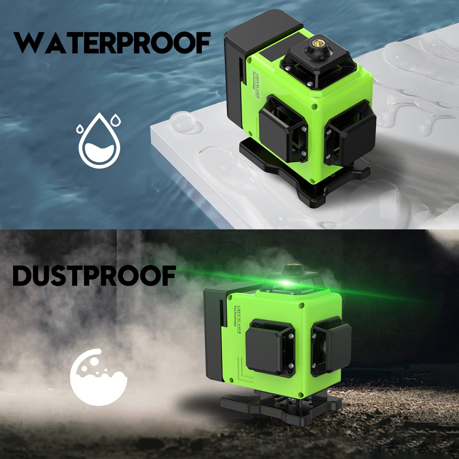 Laser 360°x 4, Autonivelant Niveau Laser Vert Chantier à Ligne Croisée Verticale et Horizontale 3D, IP54, avec Sac de Protection et 2 Piles AA - 5