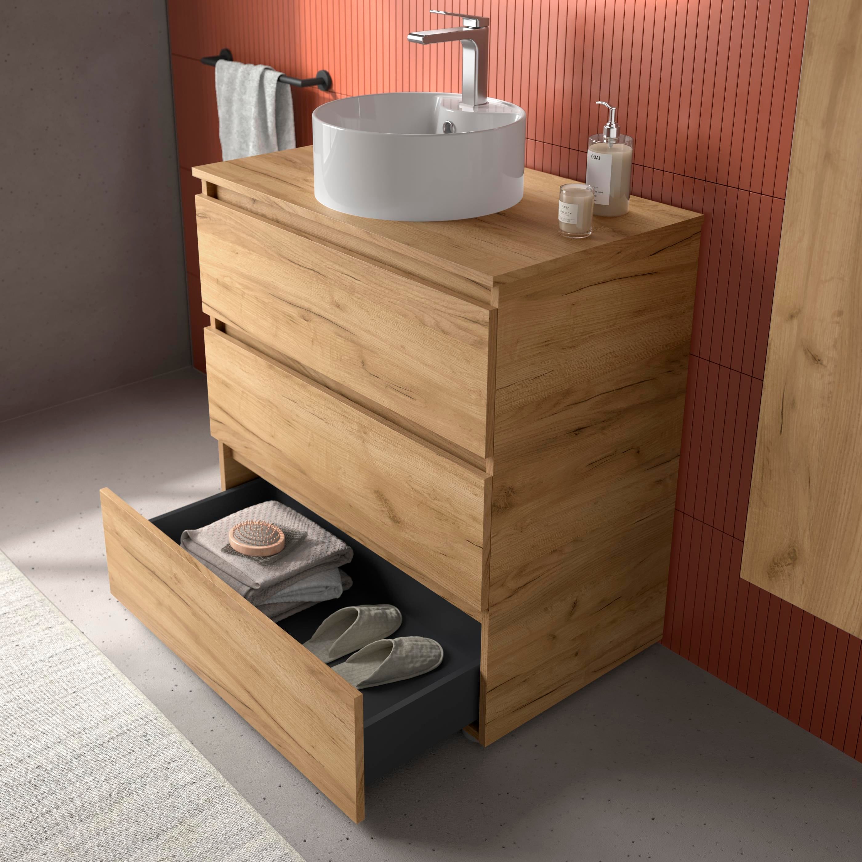 Meuble de salle de bain BEQUIA 3C 100cm Chêne | Vasque à poser Porcelaine Centrale - 2
