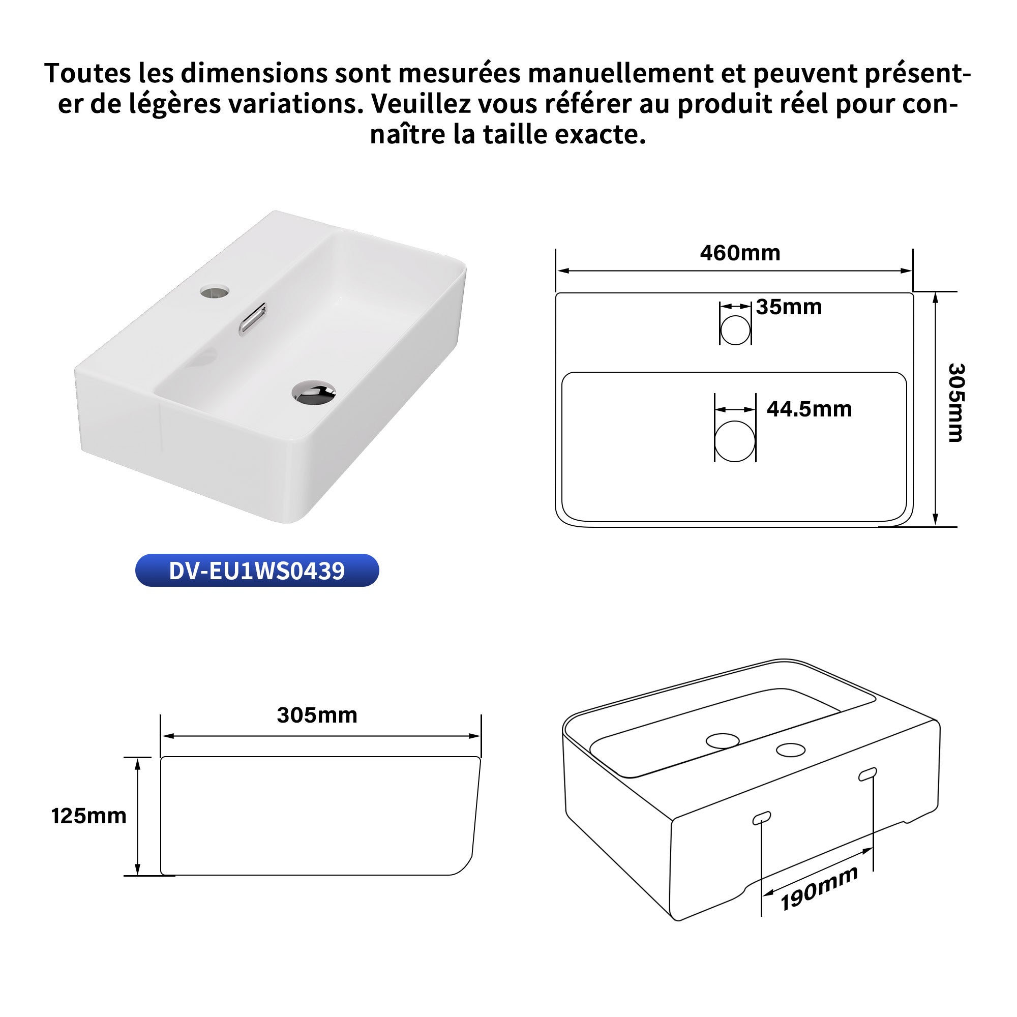 Vasque lave-main 46 cm céramique – Bord fin, coins arrondis – Bonde & trop-plein inclus – Vasque salle de bain à poser ou mural – Idéal lave main wc - 2