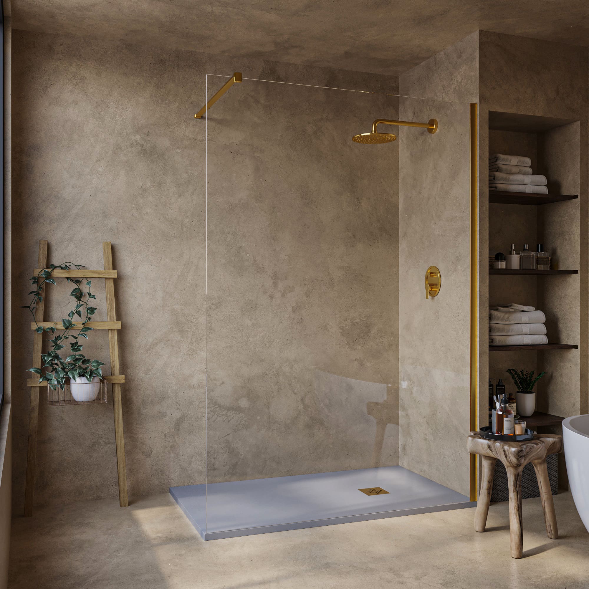 SOULHOME Brodzik prysznicowy– Żywica– Gel Coat– Gładka/Kamienna tekstura – Antypoślizgowy – szary – 190X70- Niski 3 cm– Ruszt Złoty