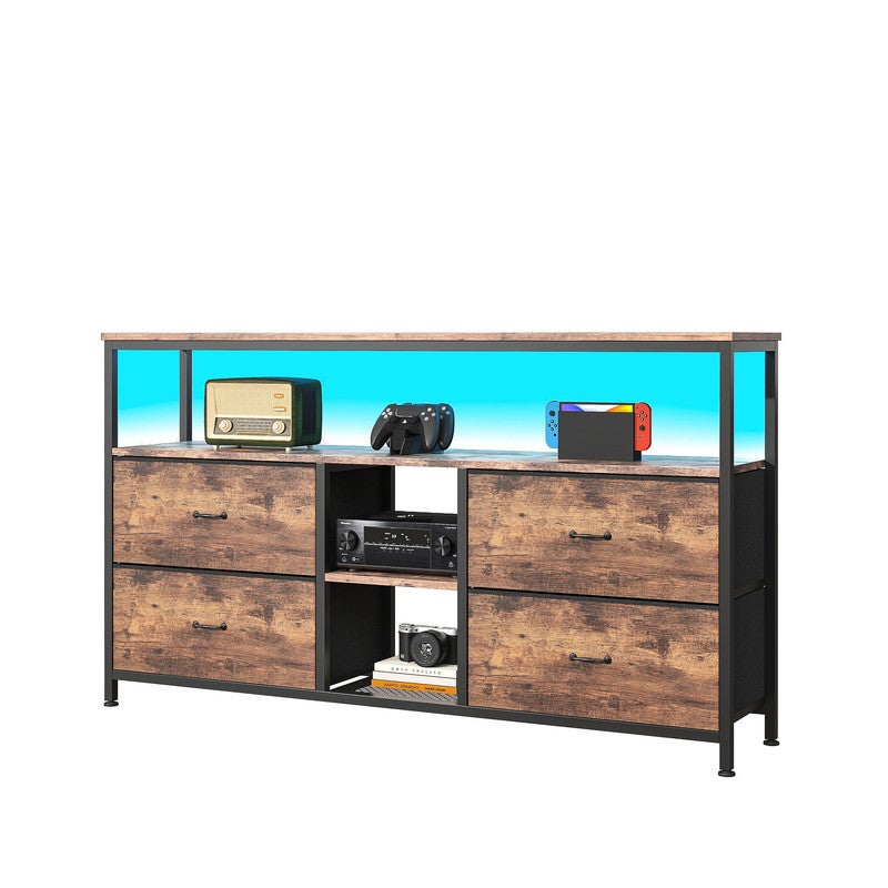 Meuble TV, 108x30x78cm, avec bande lumineuse LED et 4 tiroirs en tissu rétro, pieds réglables en hauteur, structure en fer, meuble tele - 8