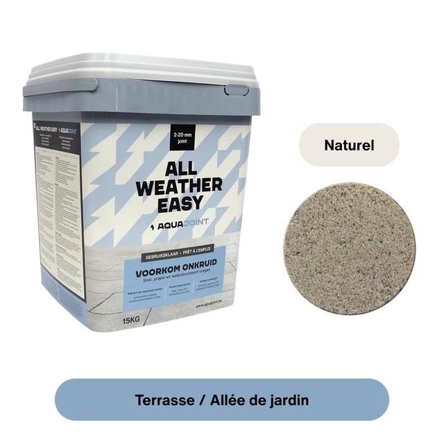 Joint drainant prêt à l’emploi – AquaJoint All Weather Easy Naturel 15 kg – Joints 2–20 mm – Pour terrasses et allées
