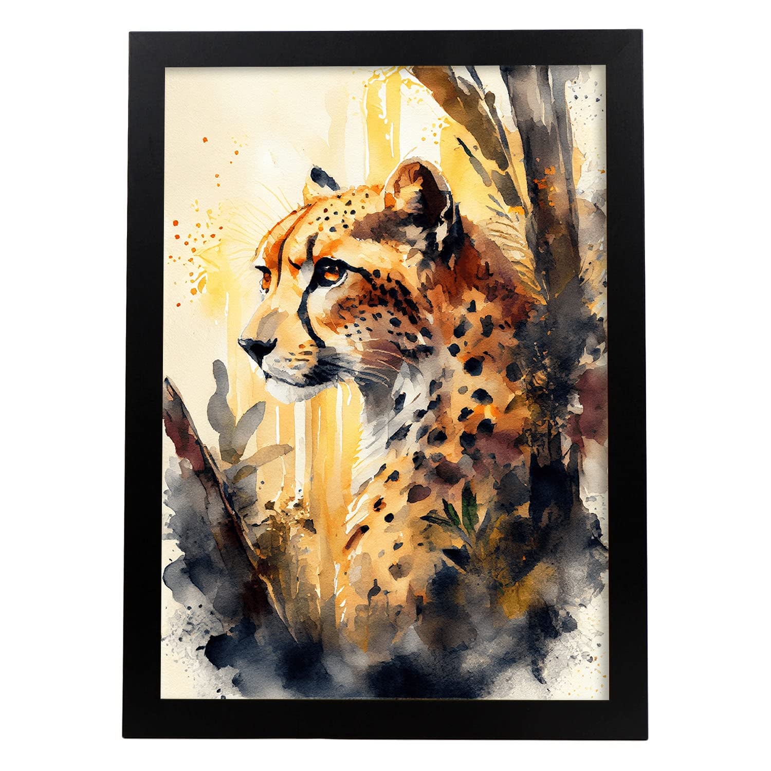 Nacnic poster de guepardo en estilo acuarela ilustraciones a todo color de animales salvajes en la naturaleza y modelo 1 a3 con marco negro