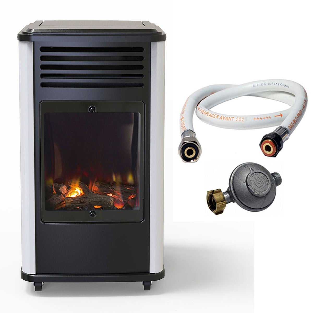 Chauffage à gaz 3.4 KW mobile Effet feu Blanc et Noir + Tuyau gaz