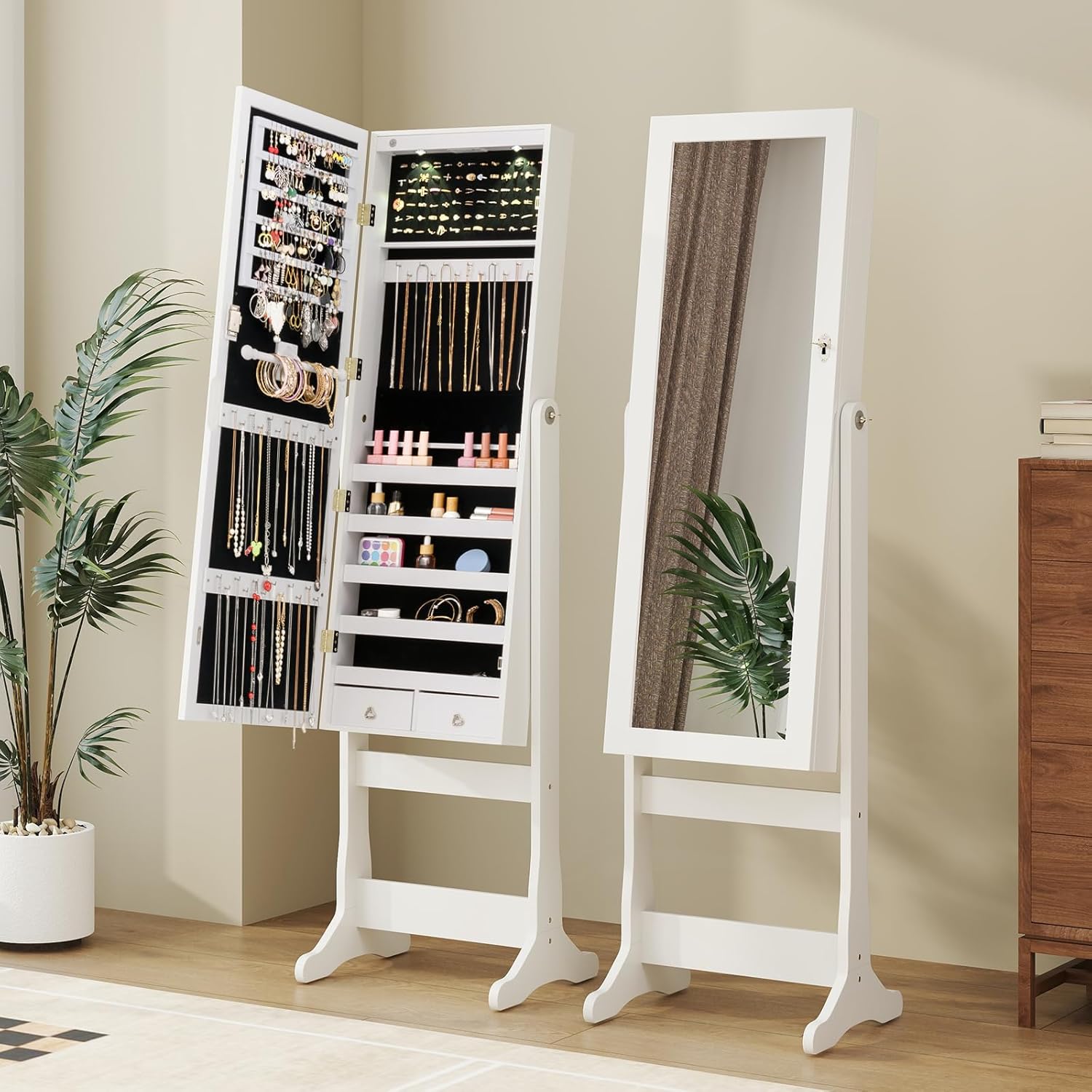 Armoire à Bijoux, Organisateur de Bijoux Debout avec Miroir Pleine Longueur, 4 Angles Inclinables Réglables, 5 Étagères et 2 Tiroirs (Blanc) - 7