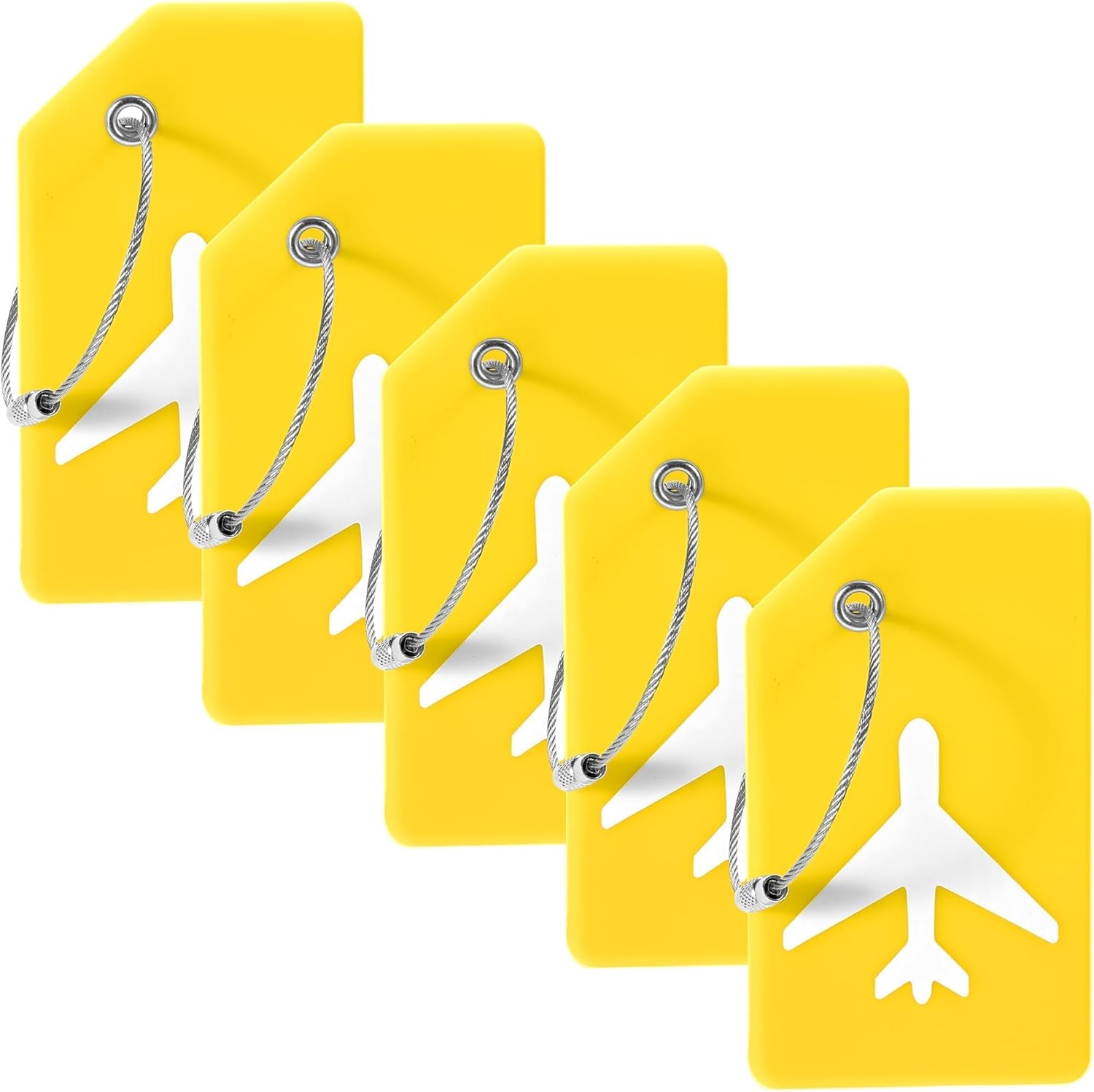 Żółta zawieszka bagażowa, 9,2 x 5,1 cm, 5 sztuk, ze stalowym kółkiem, silikonowa zawieszka bagażowa zabezpieczająca przed zgubieniem, weryfikowana ety