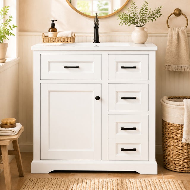 Meuble de salle de bain sur pied 76x47x82cm, meuble-lavabo de salle de bain, 4 tiroirs 1 porte, évier en céramique intégré, étagère de porte, blanc