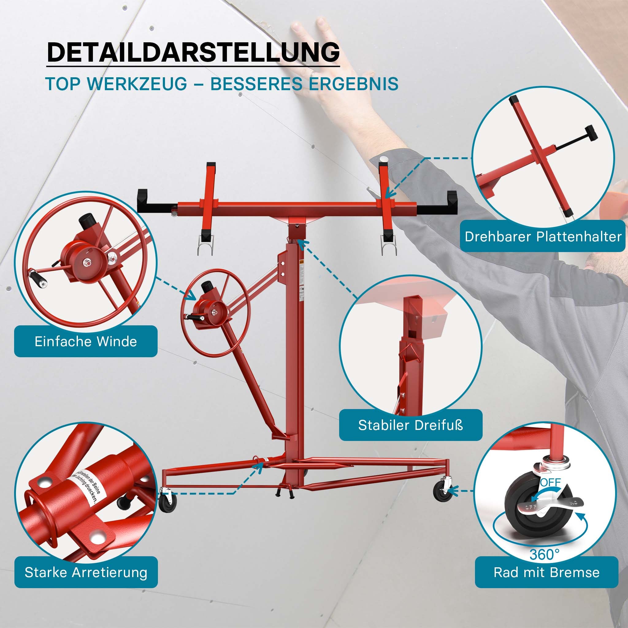 KIT Lève-panneaux XXL Panneaux placoplâtre avec Extension rallonge 140 cm - Hauteur 140-350cm / Charge max 68 kg / Angle d'inclinaison 60°… Wiltec - 4