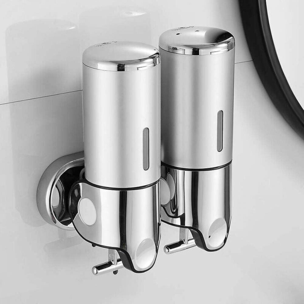 Dozownik mydła montowany na ścianie o pojemności 1000 ml, dozownik mydła do rąk z podwójną głowicą, dozownik żelu pod prysznic i szamponu do kuchni i