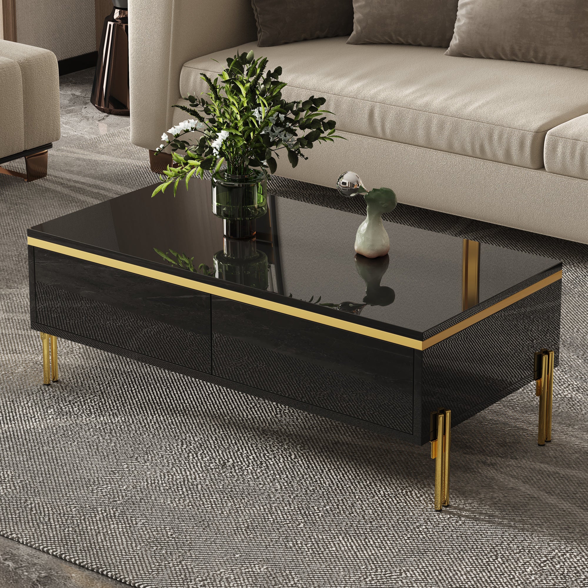 Lakierowany błyszczący stolik kawowy 100x50x36 cm - 2 szuflady - Nogi metalowe - Płyta wiórowa - Czarny