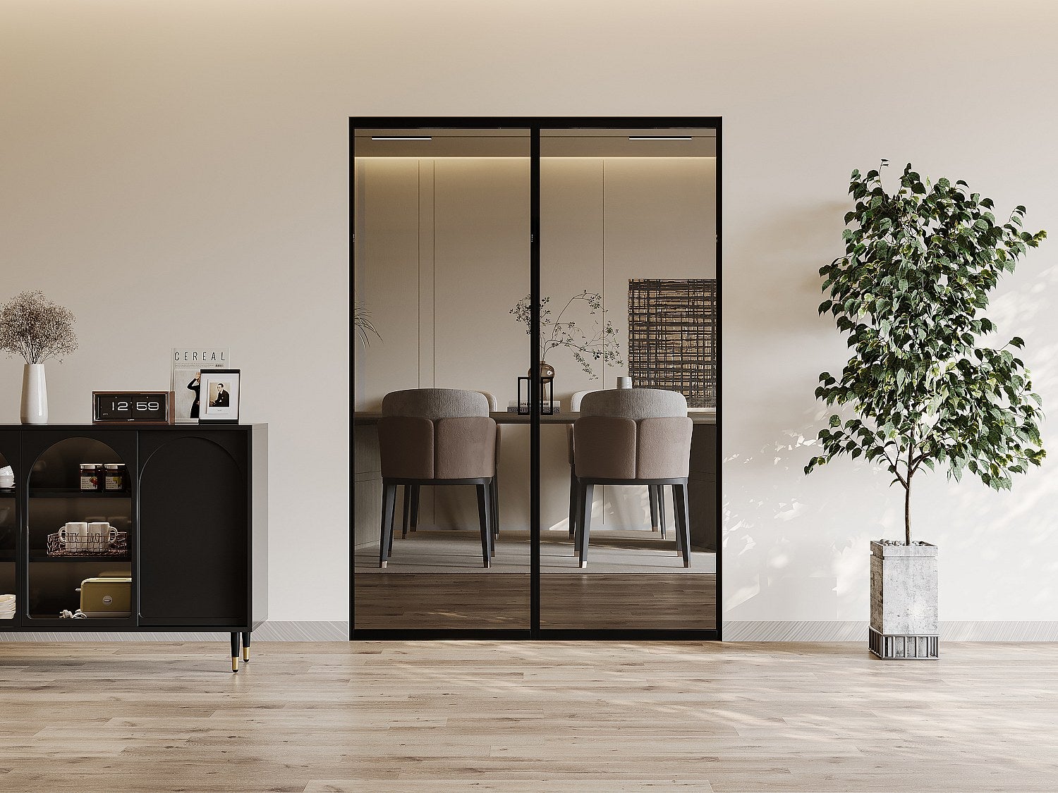 Drzwi przesuwne podwójne z ukrytym systemem przesuwnym – aluminium i szkło hartowane przydymione – 2 x wys. 205 x dł. 83 cm – LINCI II