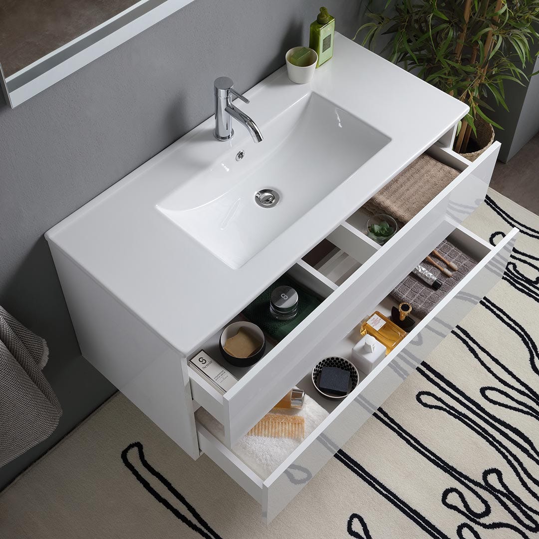 Meuble de salle de bain avec tiroirs 100cm blanc brillant, lavabo et miroir | Benaco - 5