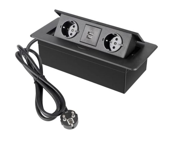 Listwa zasilająca do wbudowania w blat kuchenny, czarna, z 2 gniazdami i 2 portami USB, złączem, kablem 1,5 m
