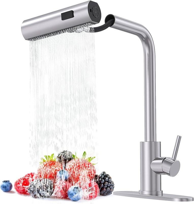 Bateria kuchenna ze stali nierdzewnej z wyciąganą wylewką, pojedynczy uchwyt, duży przepływ wody, wyciągana wylewka, wodospad