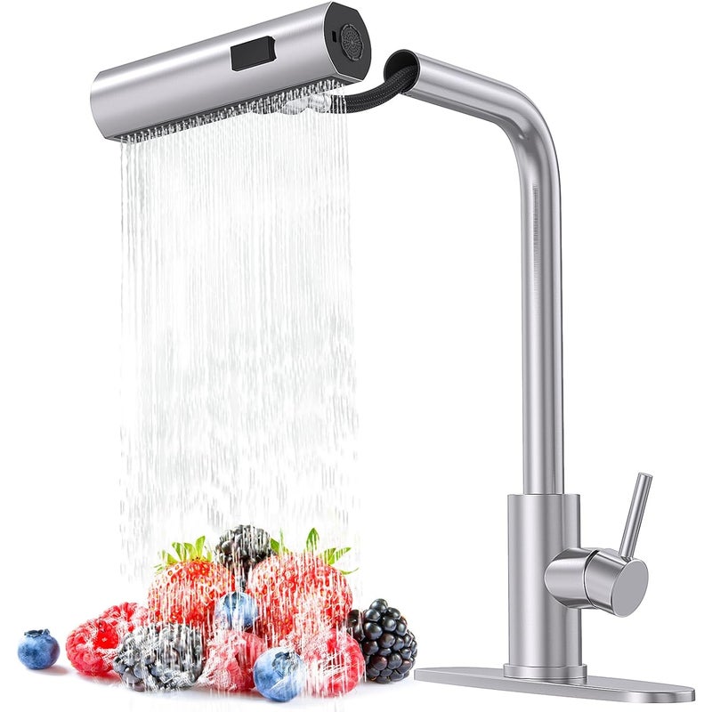 Bateria kuchenna ze stali nierdzewnej z wyciąganą wylewką, pojedynczy uchwyt, duży przepływ wody, wyciągana wylewka, wodospad