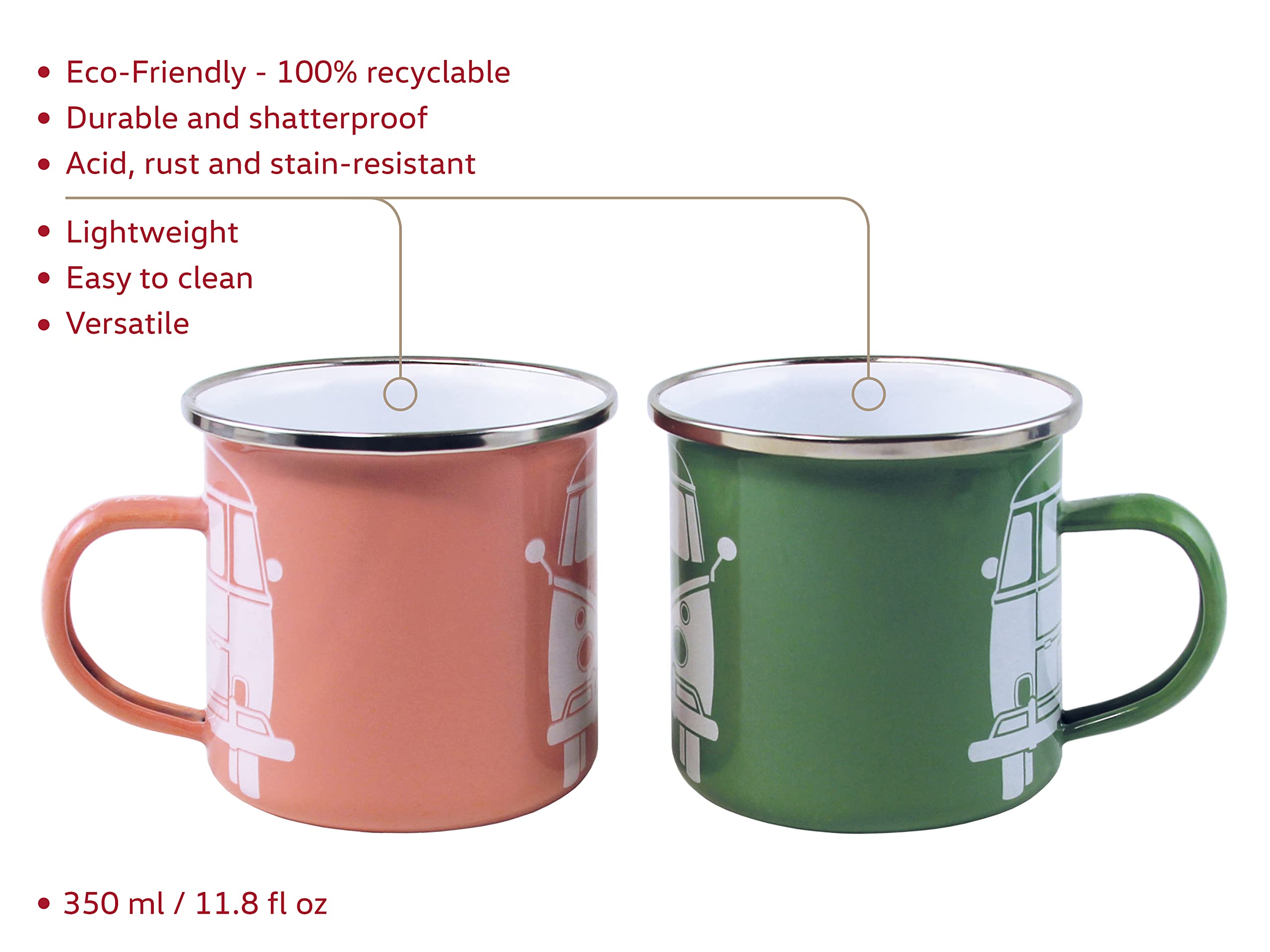 Set 2 Tazze In Metallo Smaltato Volkswagen T1 - Design Campervan, 350ml, Bianco E Rosso - Foto 8