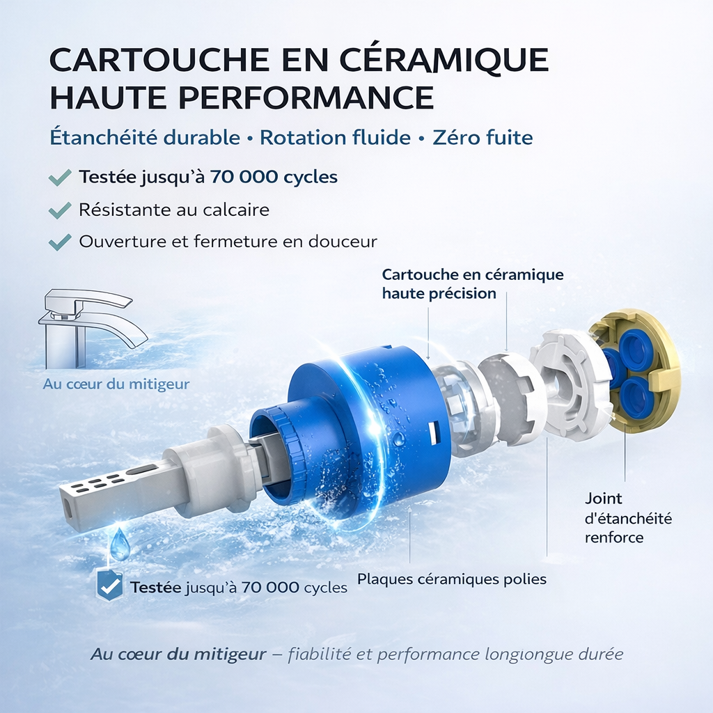 Mitigeur de Lavabo Chromé en Laiton avec Levier Unique, Robinet Salle de Bain Cascade Eau Chaude et Froide pour Lave-Mains - 5