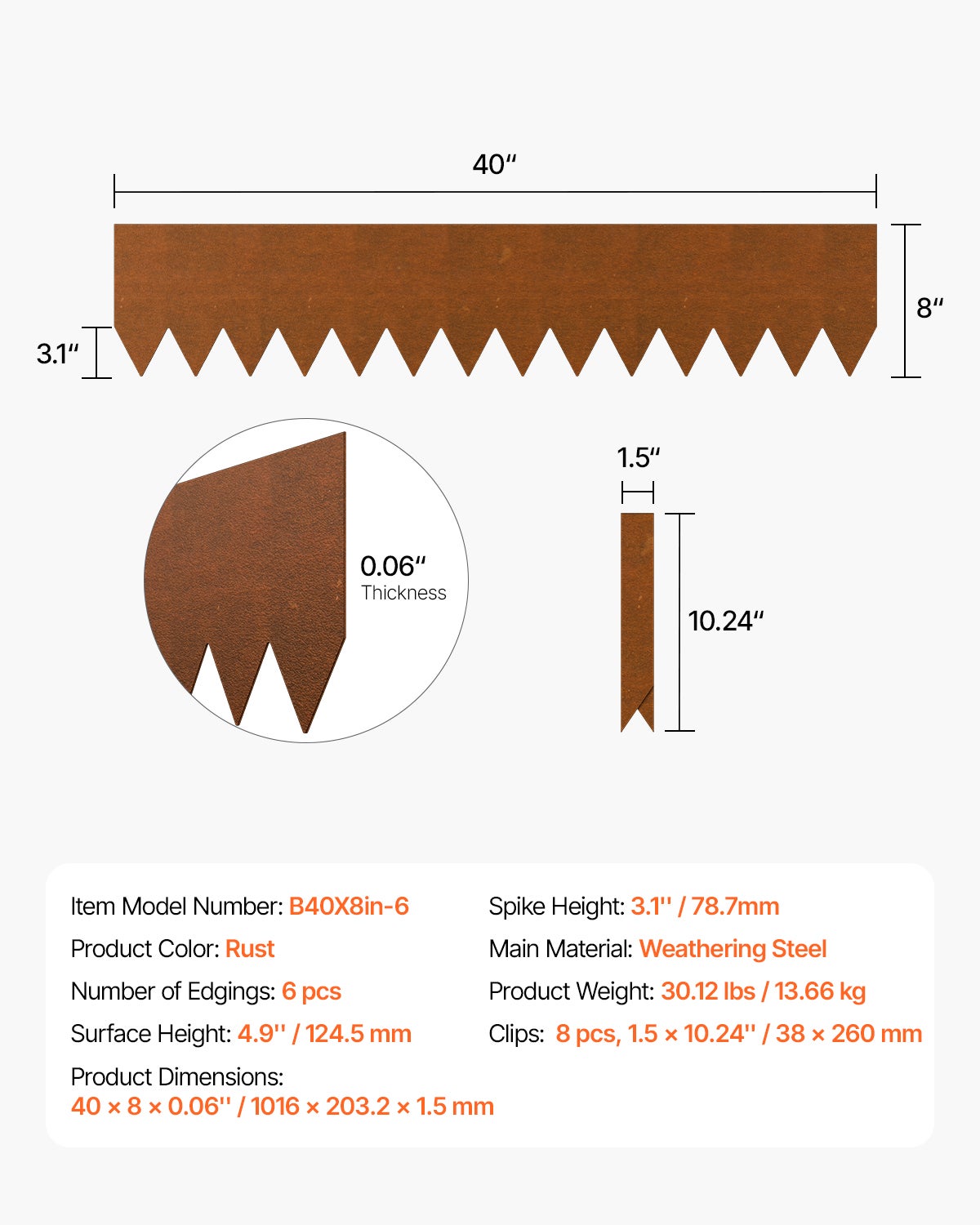 Bordures Jardin VEVOR Acier 40 x 8 po – Lot de 6, Résistantes aux Intempéries et à la Rouille, Pliables, Séparateur de Chemin - 7