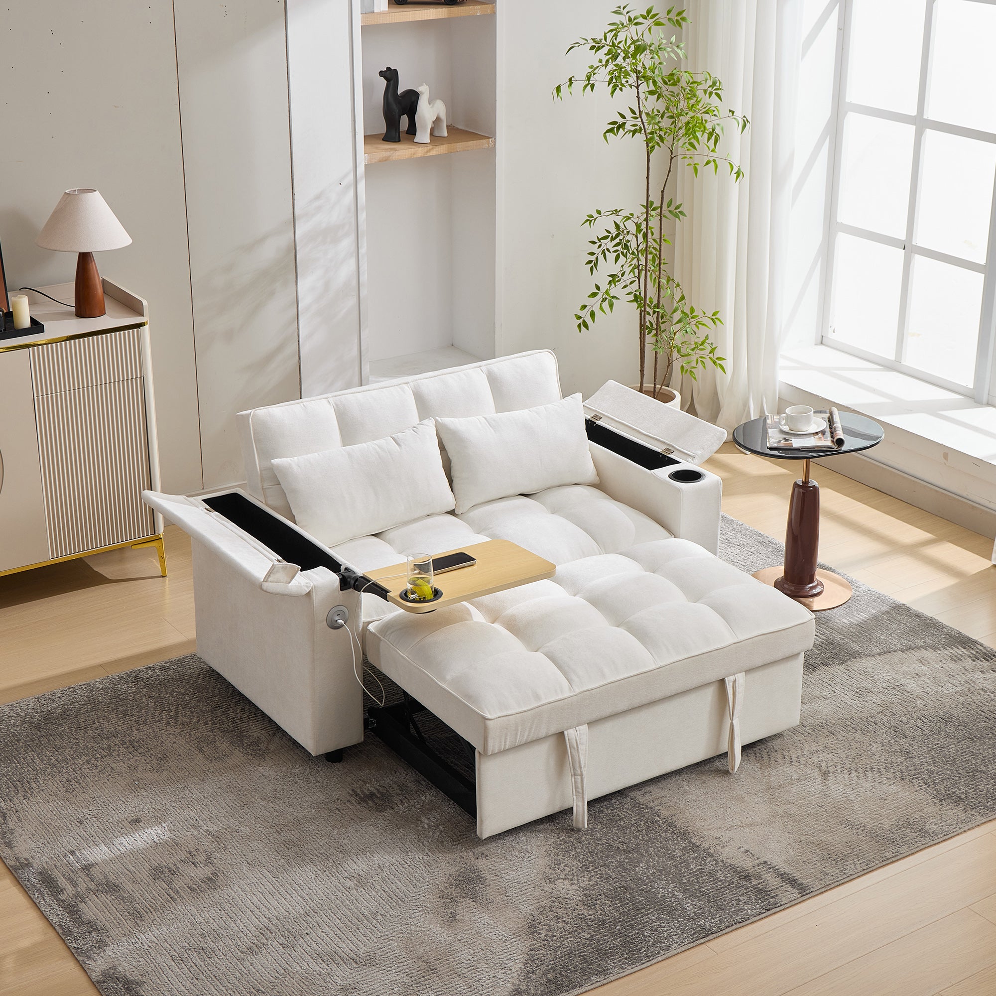 Canapé-lit 3-en-1 140,5x74x82 cm avec dossier réglable, USB, 2 places, tablette cachée, porte-boissons, beige - 4