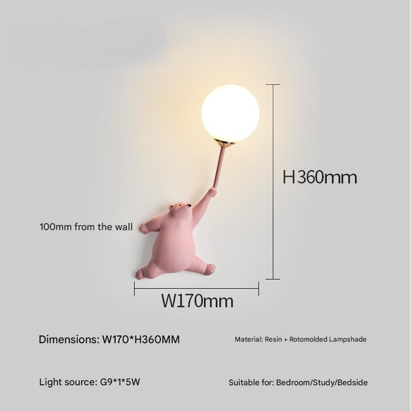Applique Murale Ours Cartoon Moderne Pour Chambre D'Enfant - Lampe Résine Rose/Jaune Avec Abat-jour Verre