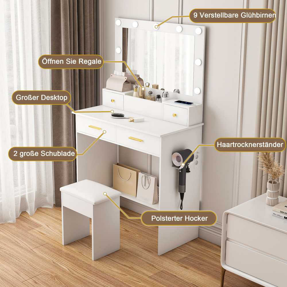 Tavolo Trucco con LED 3 Modalità, 4 Cassetti, Sgabello Incluso, Presa E Supporto Phon – Make-up e Styling - 5