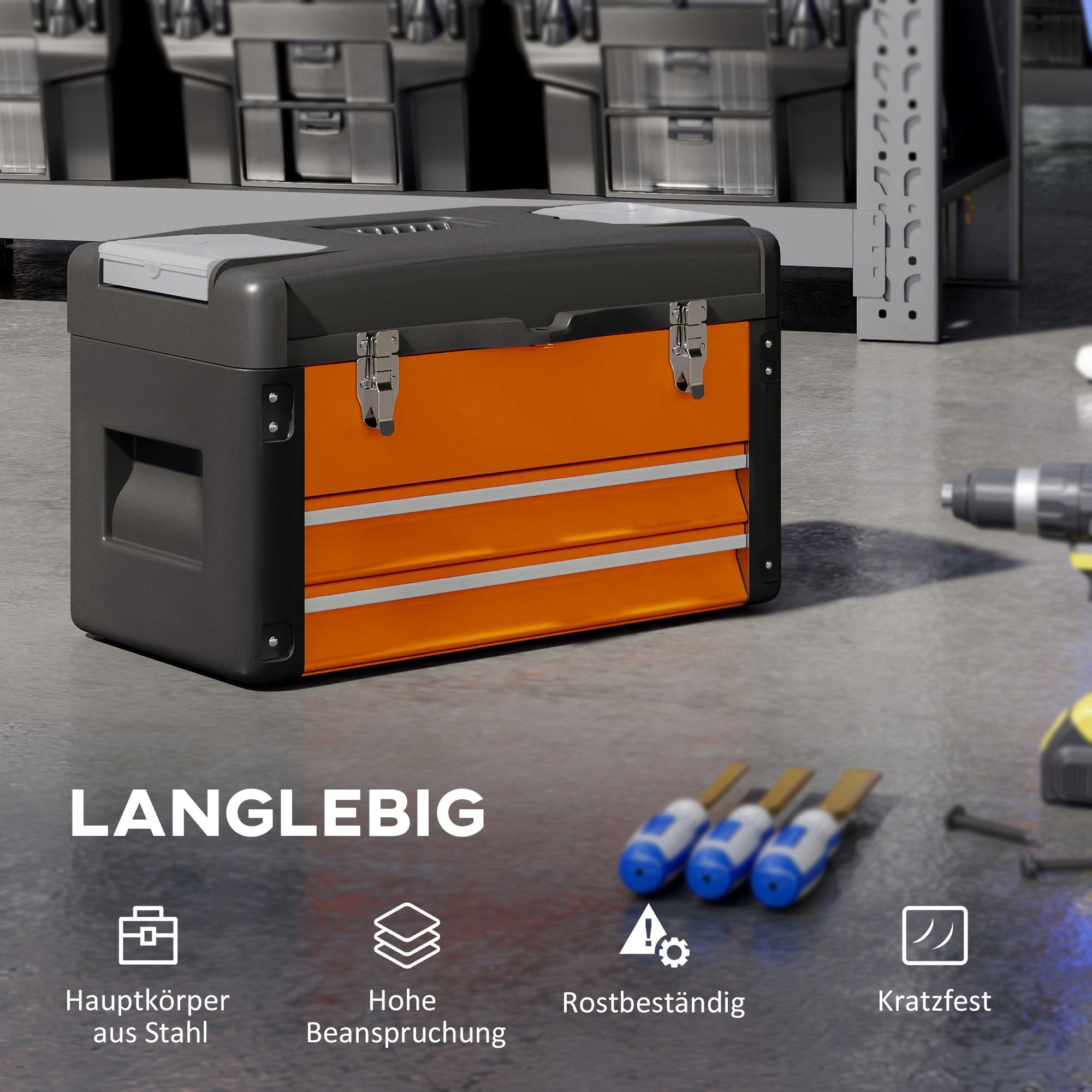 Cassetta degli attrezzi vuota, 49,7 x 25,3 x 28,9 cm, cassetta degli attrezzi con cassetto, mini scatola, acciaio, arancione - 6