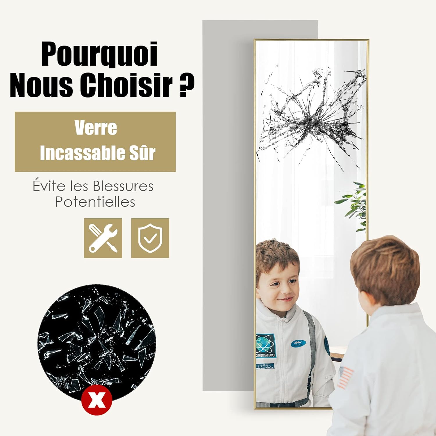Miroir Mural-Miroir à Suspendre sur Porte, 120 x 37 CM, Or - 7