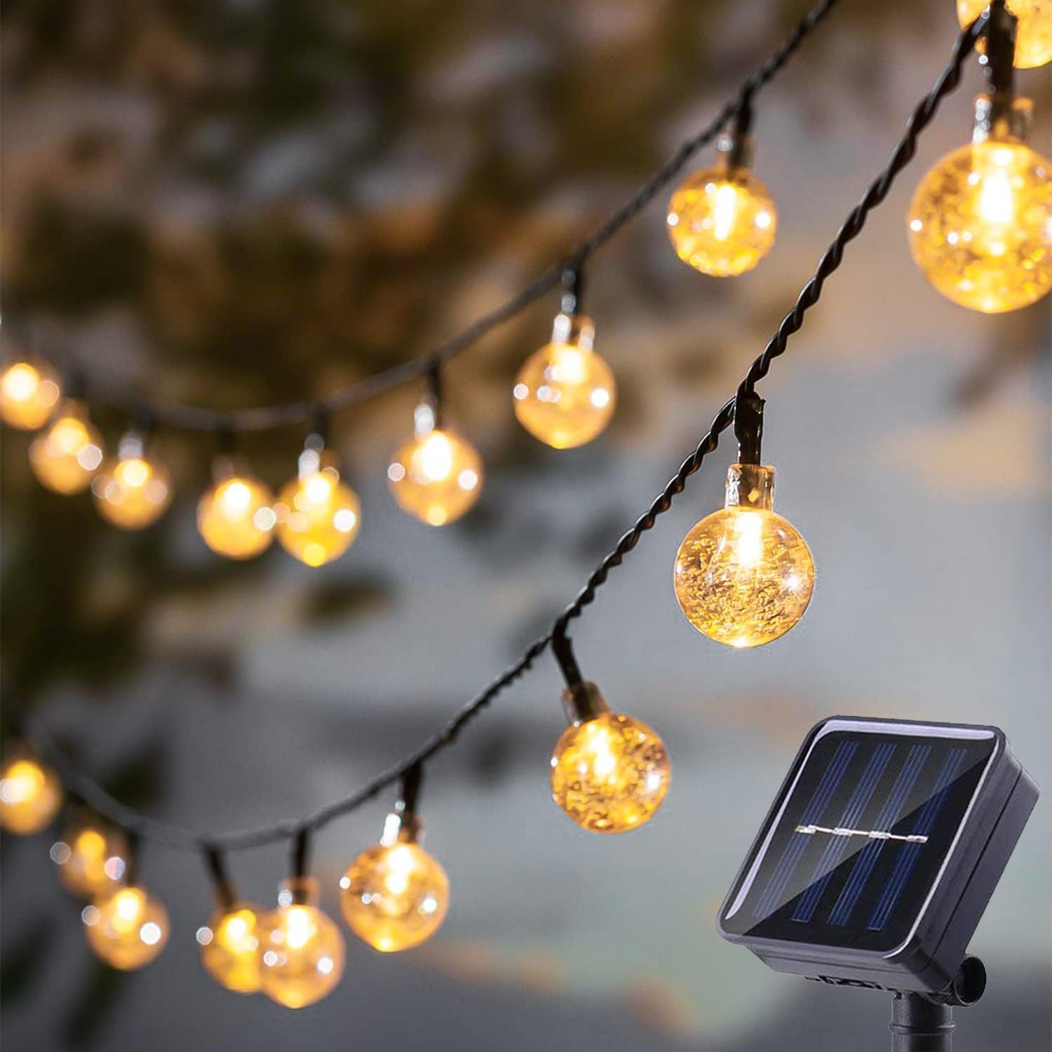 Lampki solarne, mała kryształowa kula, zewnętrzne lampki choinkowe, 50 diod LED, 9,5 metra, 8 trybów oświetlenia (ciepłe światło)