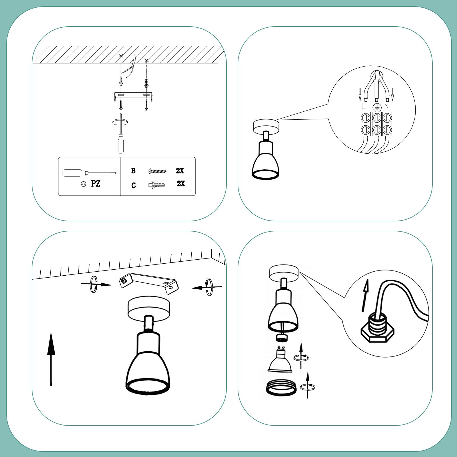 NETTLIFE Spot de plafond LED 1 ampoule blanc salon plafonnier orientable GU10 spot lampe moderne - 8