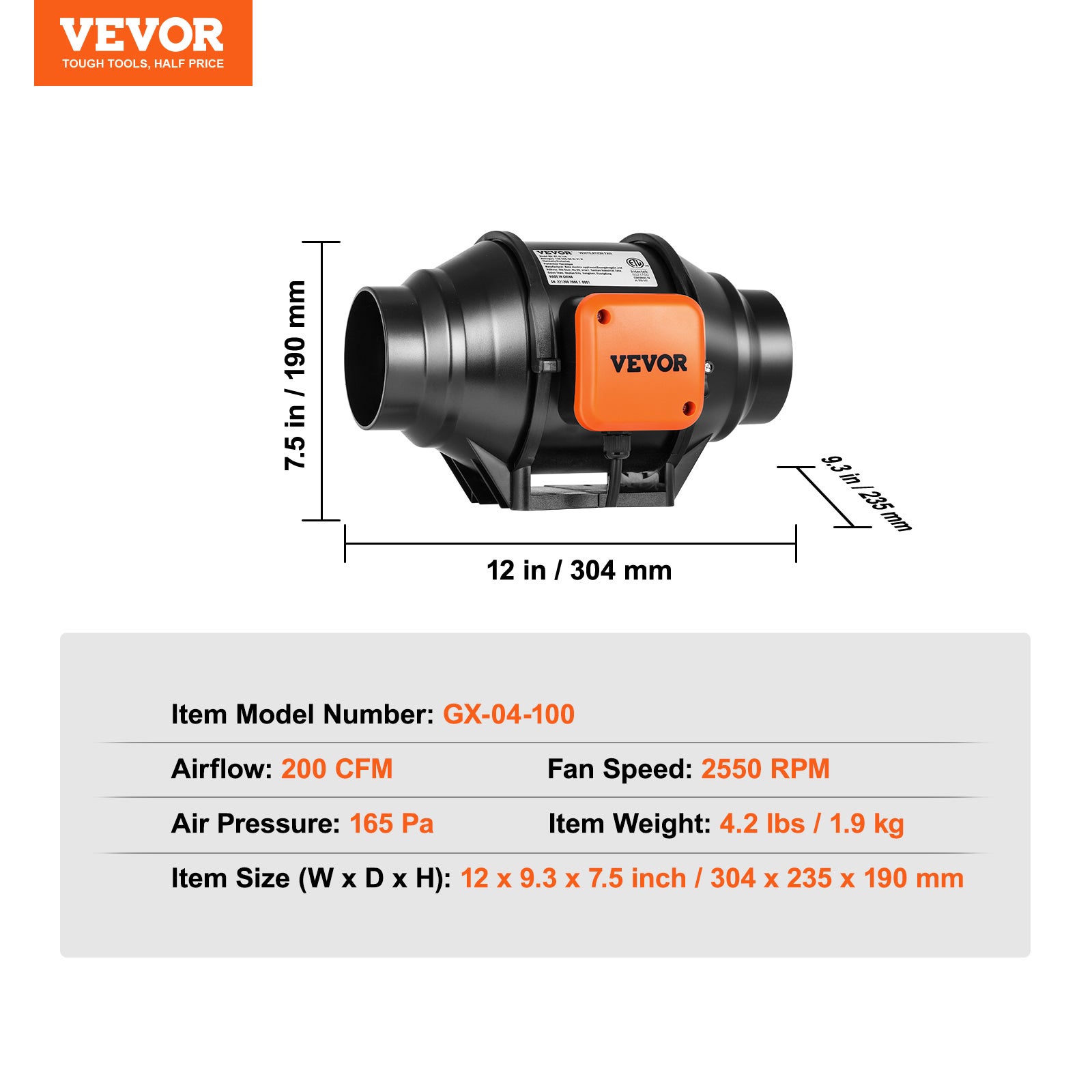 Ventilateur de conduit en ligne, 102 mm, extracteur d'air silencieux 220 m³/h contrôleur de vitesse variable moteur CA, booster refroidissement VEVOR - 7