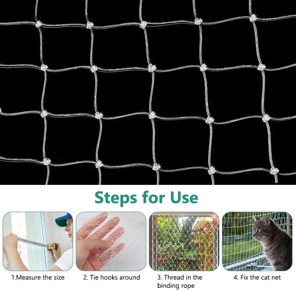 Red de seguridad para gatos, transparente, 3 x 4 m, para balcón, cortable, protección para ventanas sin taladrar. - 5