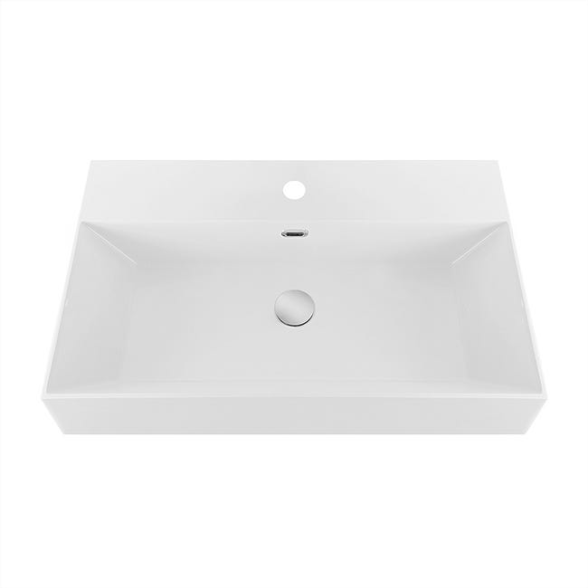 Lavabo Da Appoggio In Marmo Resina Bianco Lucido - 60x48x10 Cm, Con Foro Rubinetto E Troppopieno, Colossum18 - Foto 9