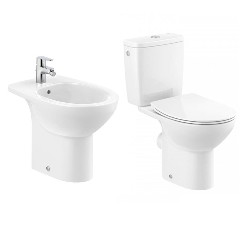 Zestaw, WC kompakt poziomy 65x76x35 cm i bidet stojący 35x53x43 cm, montaż do posadzki, biały, ROCA Victoria