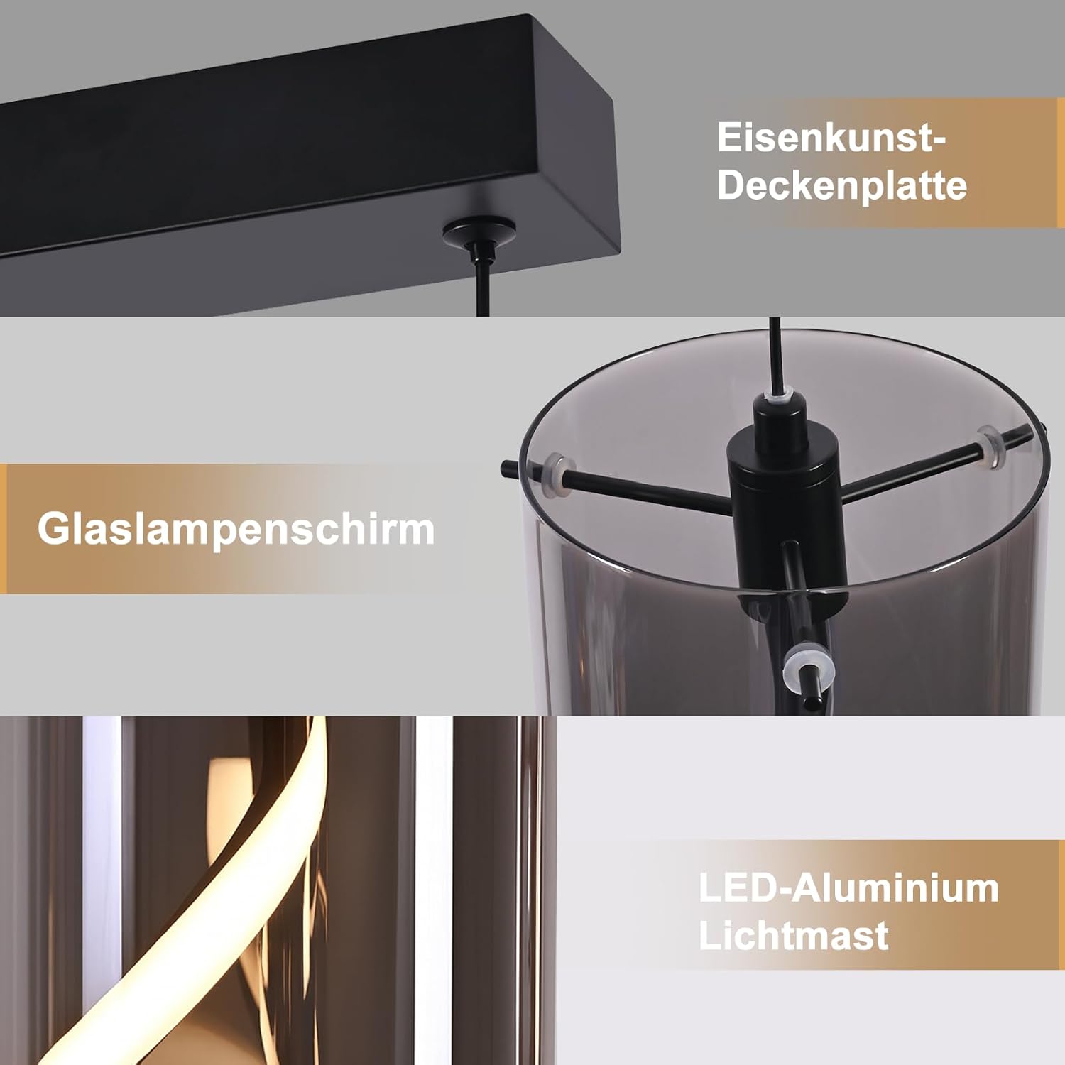 Lampa wisząca LED Nettlife Vintage z 3 źródłami światła – szkło w kolorze dymnego szarego szkła, 33 W, 3000 K, w stylu retro, regulowana - 4