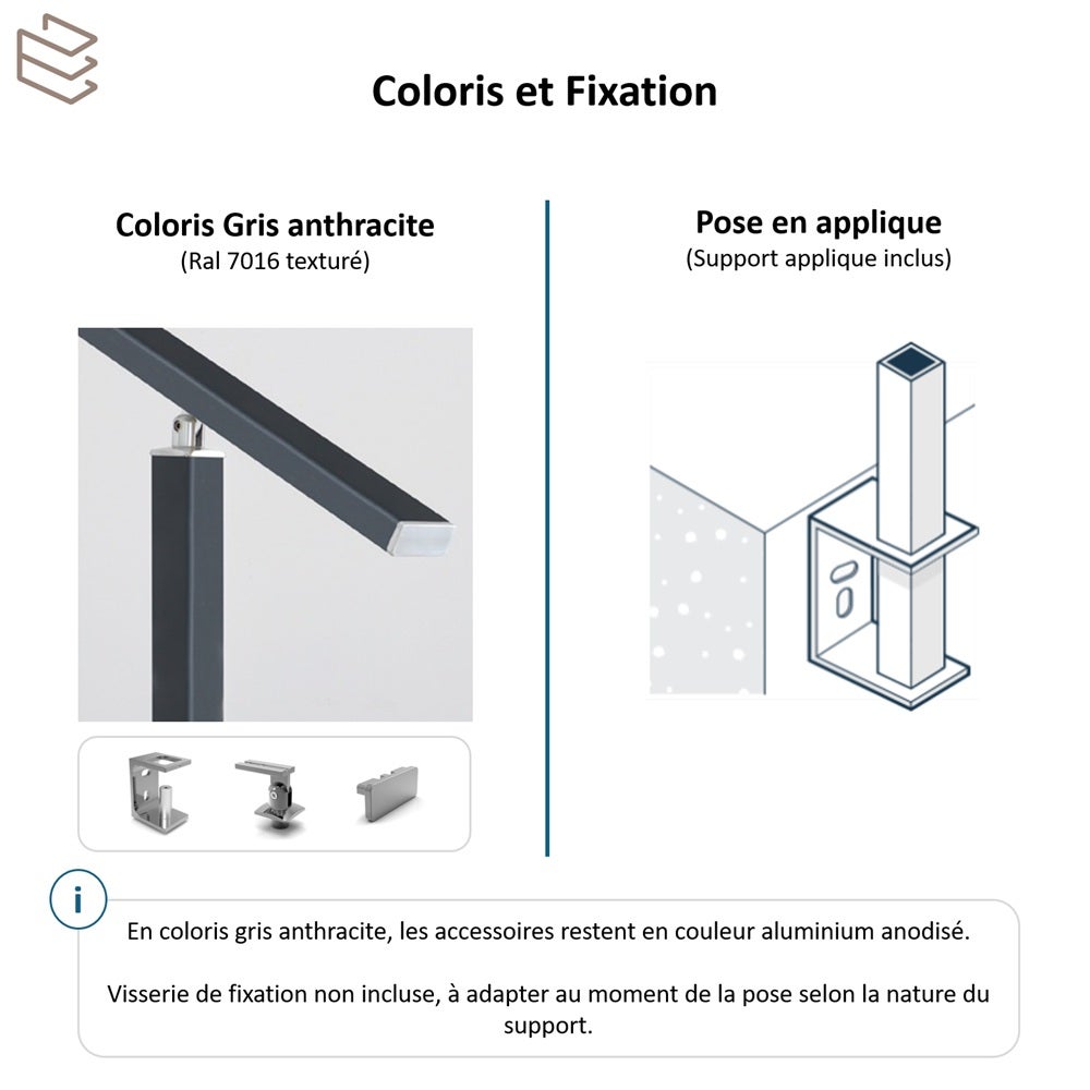 Garde-corps aluminium à 5 lisses carrées, Gris, 1m, pose en applique, en kit, intérieur et extérieur, PRISTINA - 3