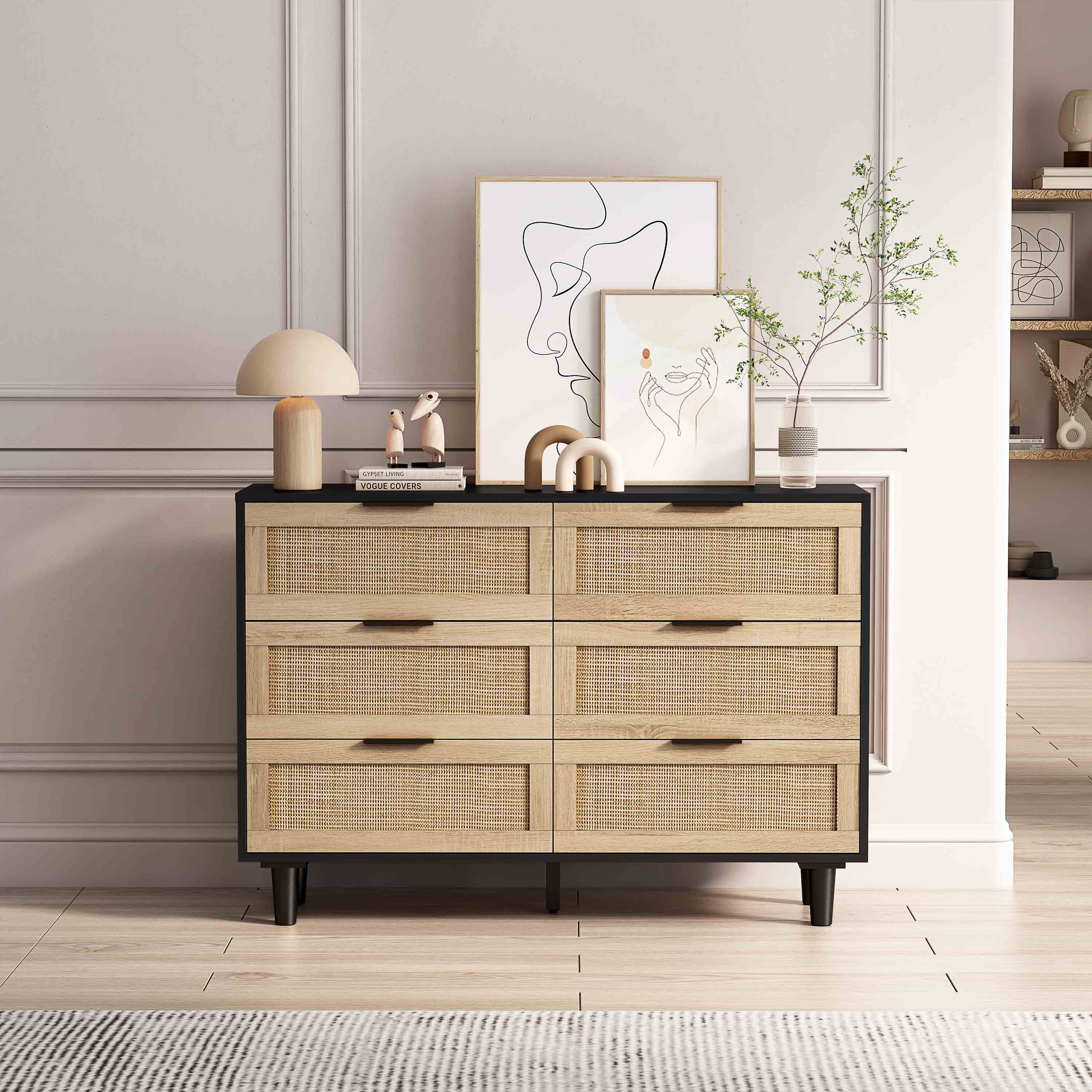 110 cm rattanowa komoda z 6 szufladami, rattanowa komoda do sypialni, salonu, czarna
