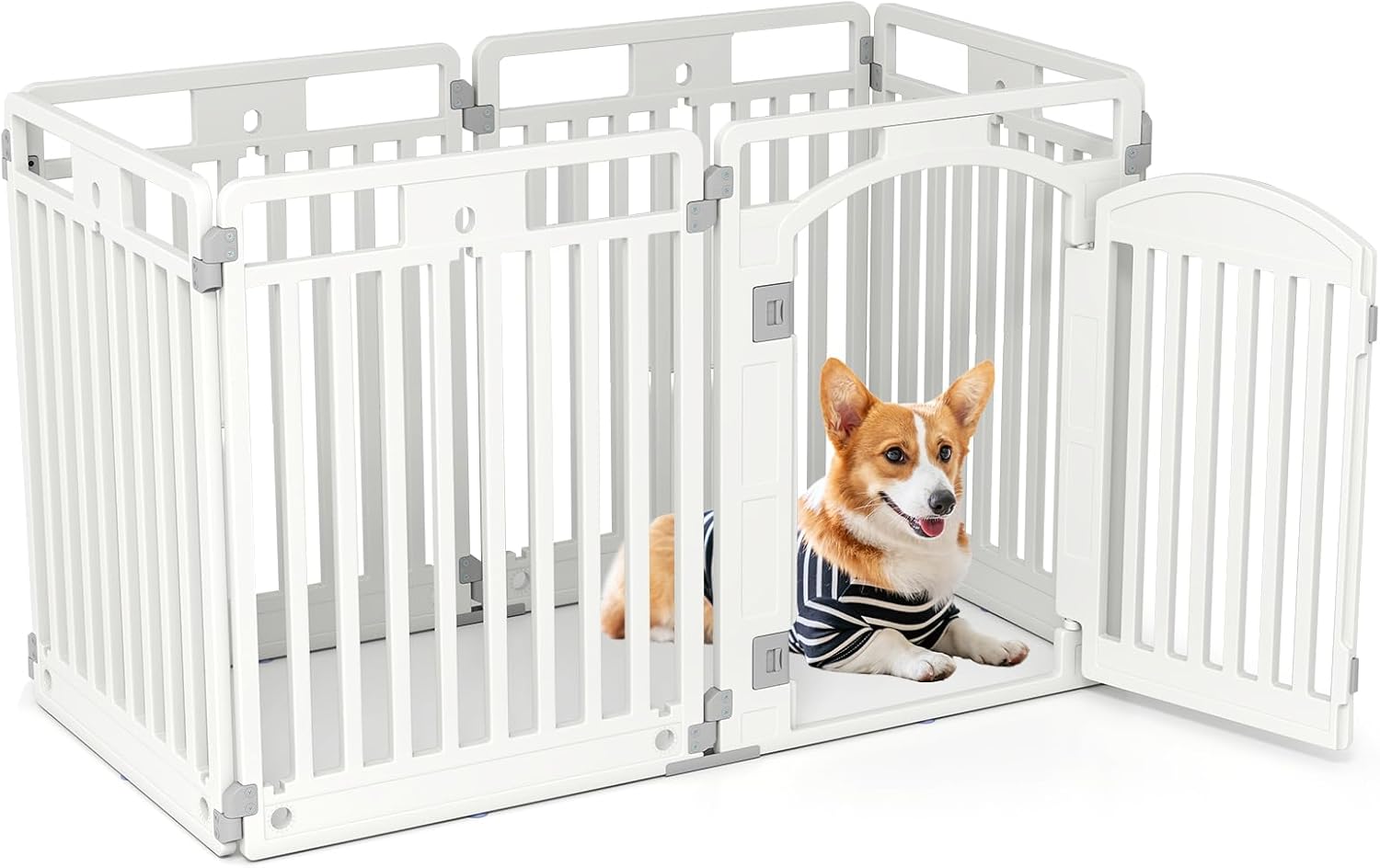 Corralito para mascotas de 6 paneles, puerta plegable para perros al aire libre con puerta segura y estacas en el suelo, blanco