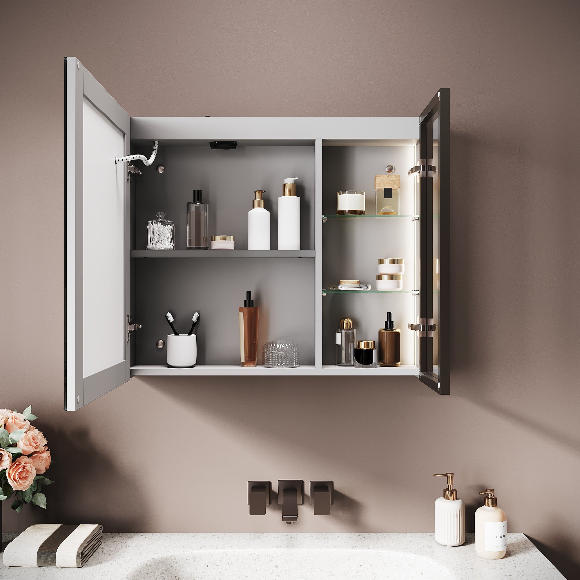 SIRHONA Armoire Miroir Salle de Bain 70x60x13cm avec Porte Vitrée, Miroir Anti-Buée Localisée 3 Lumières et Étagère Verre avec Prise - Gris Maroc - 2