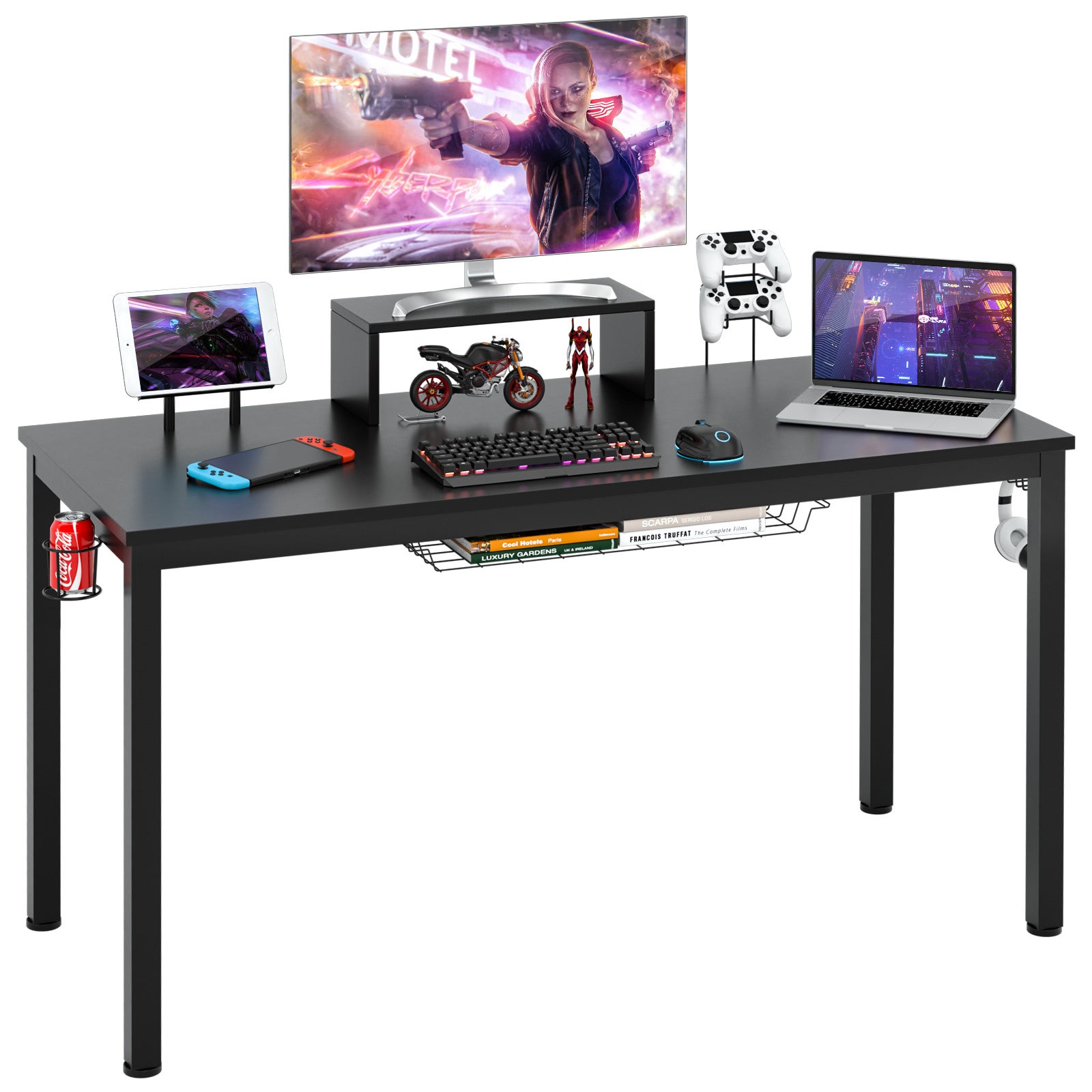 Biurko 140 cm z półką na monitor, stolik pod komputer, stolik gamingowy z uchwytem na napoje, półka na media, regulowane podkładki pod nogi