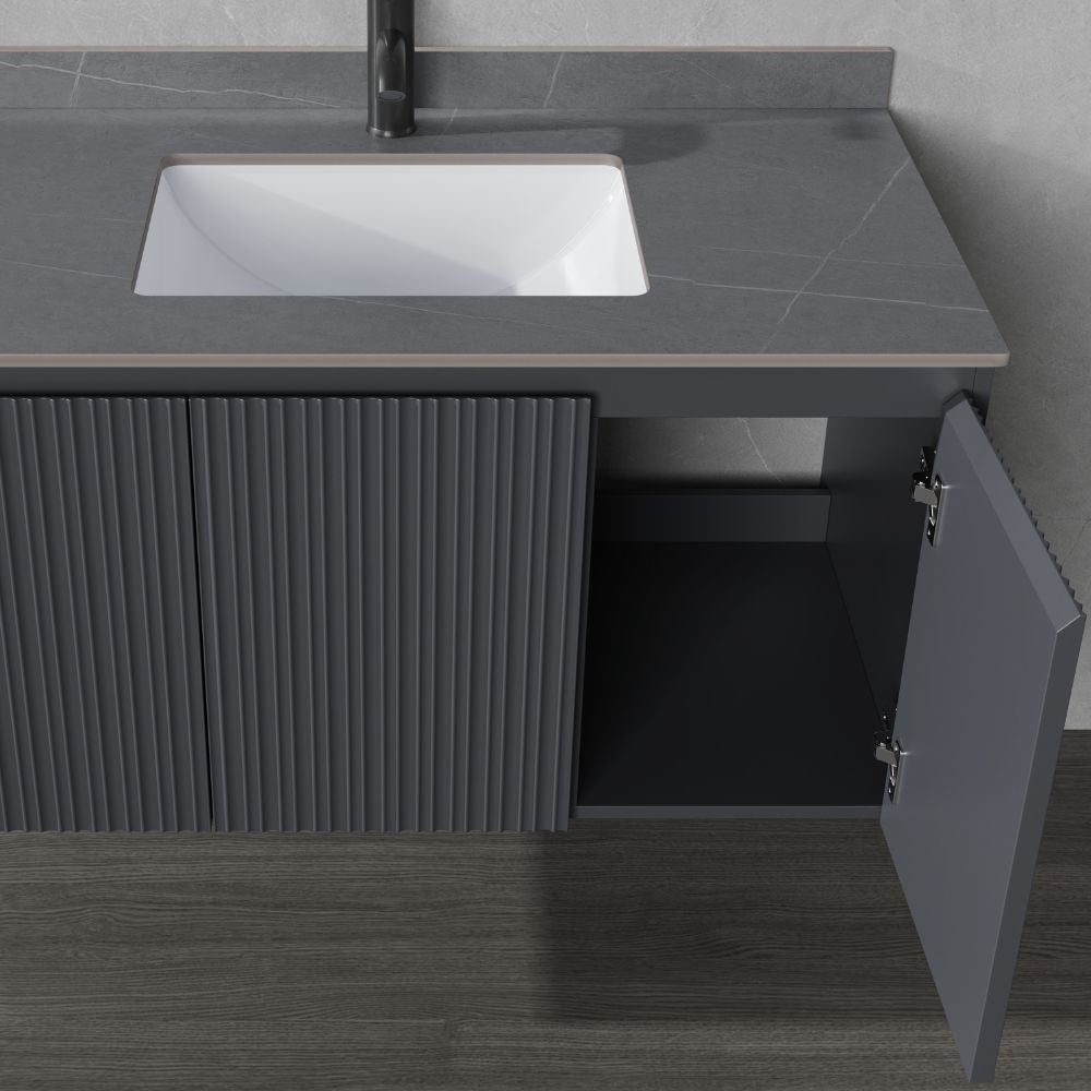 Meuble de salle de bain suspendu avec miroir tactile LED et 3 portes, lavabo en céramique, meuble design à faible encombrement 100 cm - Finition grise - 3