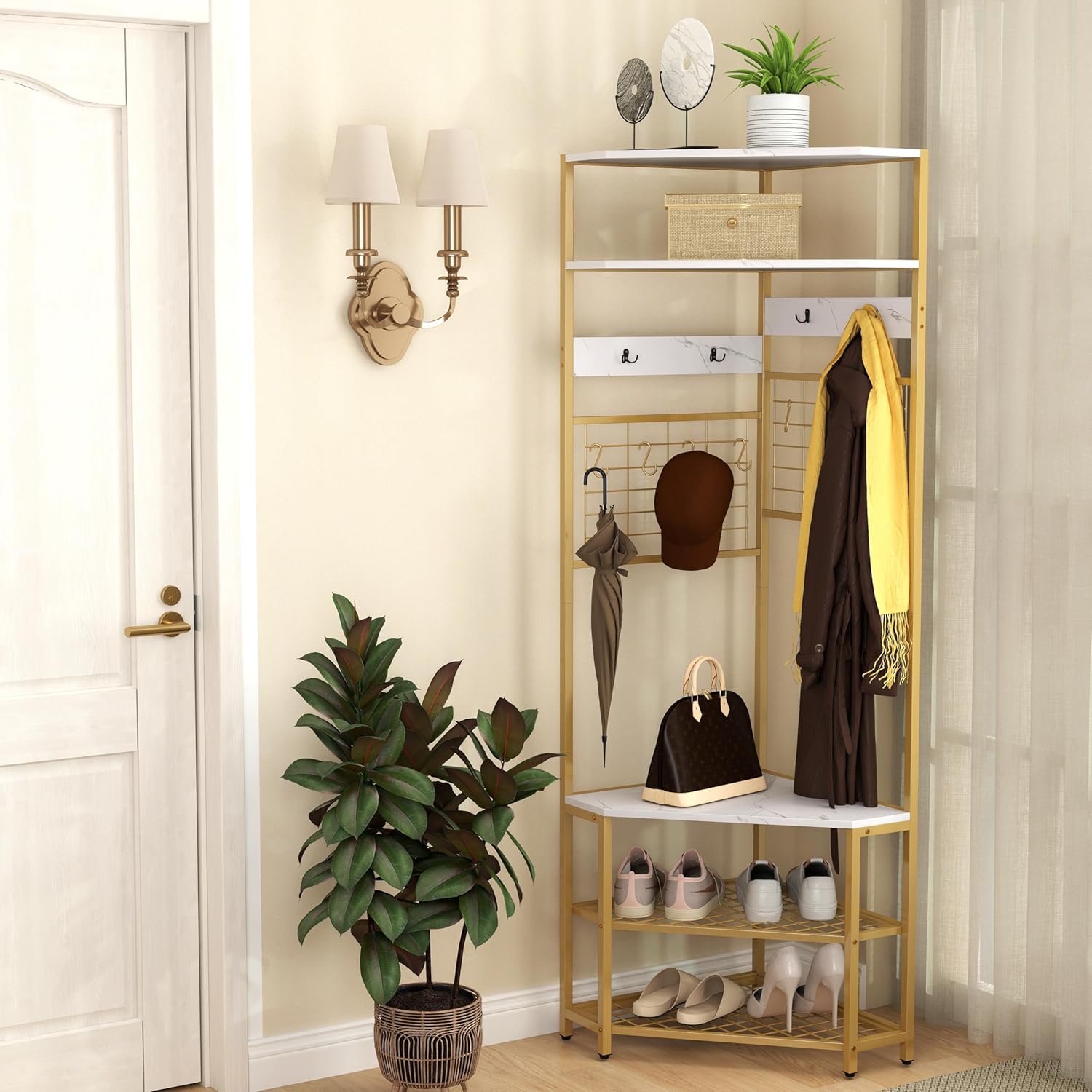 Perchero de Esquina, Perchero de Pie con Zapatero, 12 Ganchos y