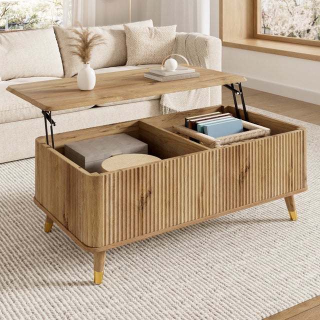 Table basse relevable en bois MDF, design vintage avec plateau extensible et coffre de rangement caché, pour salon et petit appartement.
