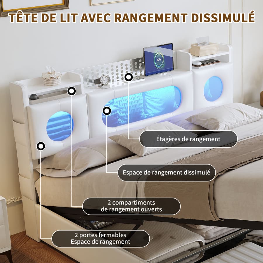 Struttura letto 140*200mm, testiera con luce LED, design silenzioso, facile da montare, PU bianco. - 7